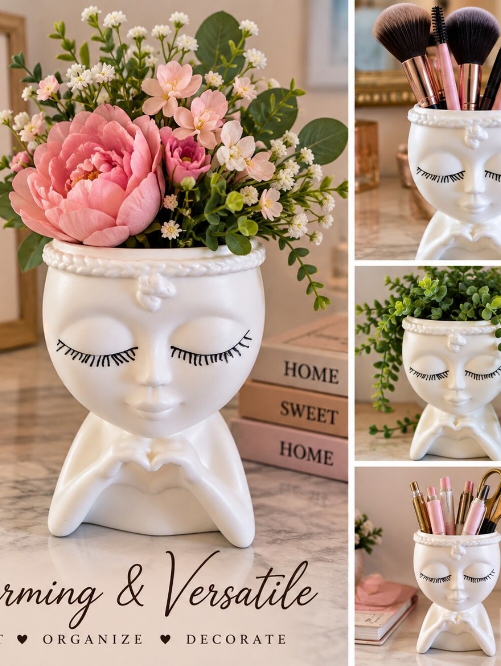 White Plastic Face Planter Closed Eyes Heart Hands Boho Feminine Decor